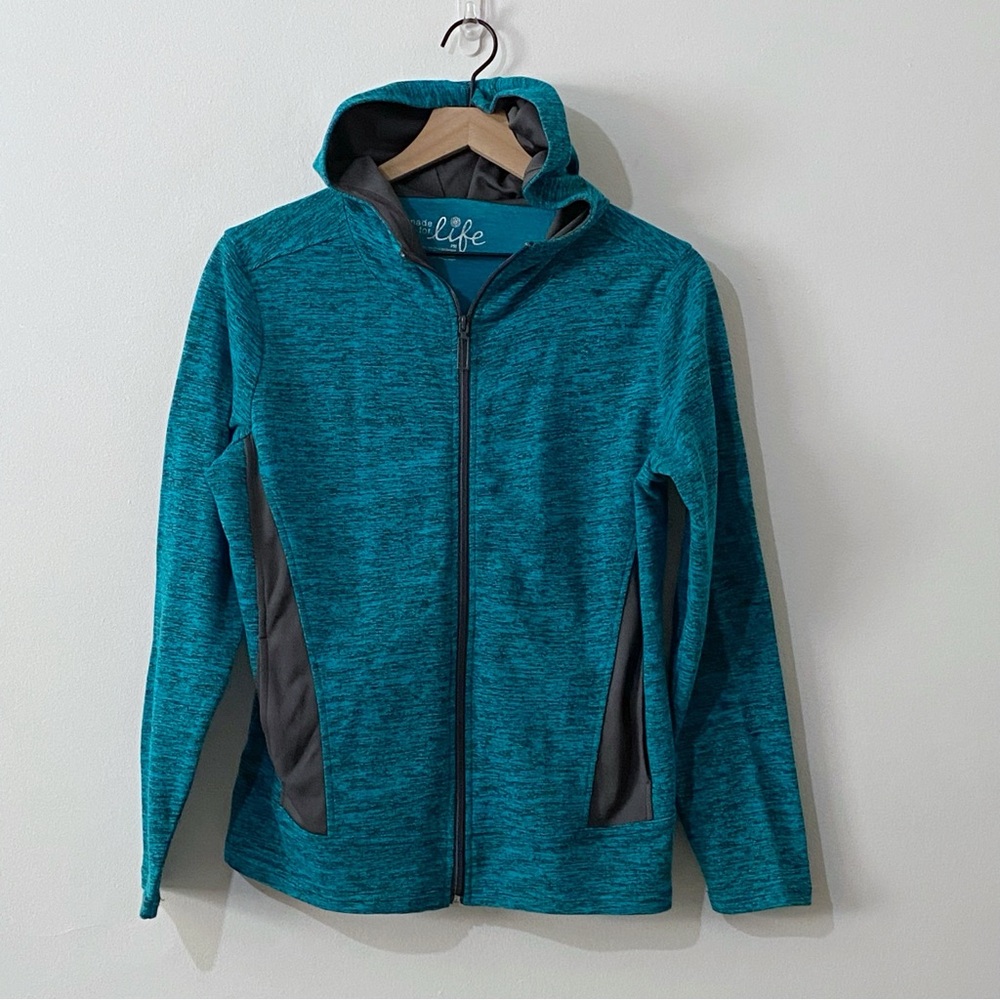 Made for Life Teal Gray Hoodie Zip Up Jacket with Pockets Petite Medium